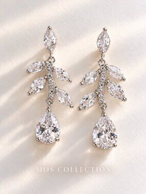 Silver CZ Leaf Vine Teardrop Dangle Earrings MOS COLLECTION